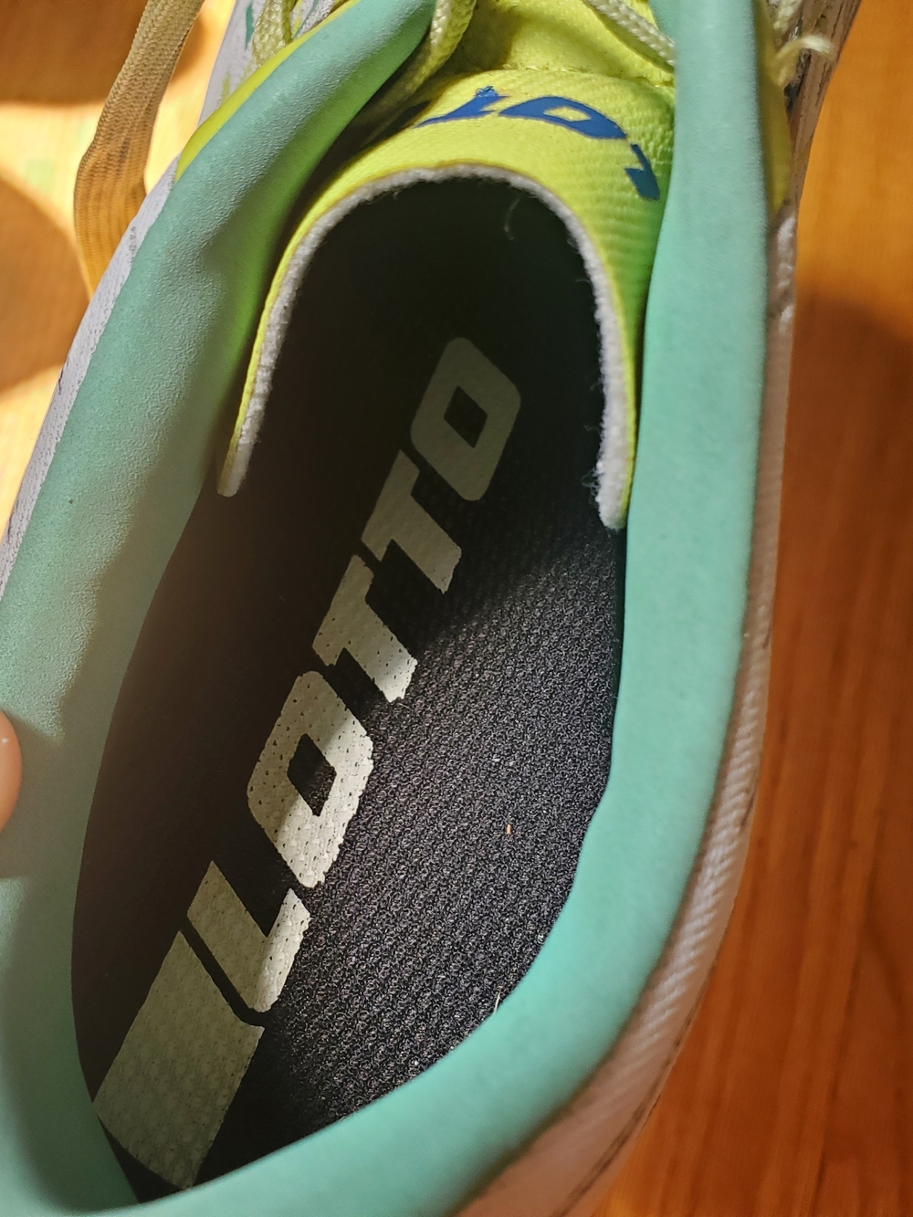 Soccer Cleats in Neon Yellow & White with Blue Accents - Picture 4 of 6